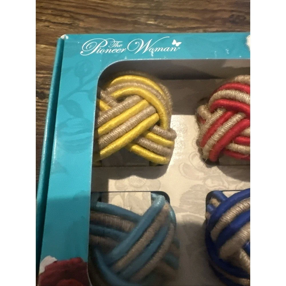 LOT 4 Pioneer Woman Napkin Rings Woven Red Yellow‎ Blue Teal New